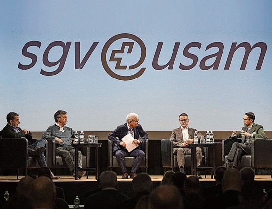 Peter Bruggmann, Silvio Ponti, Moderator Markus Somm, Gian-Luca Lardi und Matthias Baumberger (v.l.).Bild: Iris Andermatt