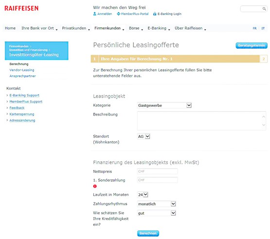 Über den praktischen Online-Leasingrechner können sich Kunden bei Raiffeisen innert Minuten eine erste Offerte einholen.