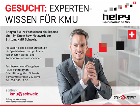 Die Webplattform helpy der Stiftung KMU Schweiz empfiehlt Experten mit spezialisiertem Wissen für KMU. Mehr unter: www.helpy.ch