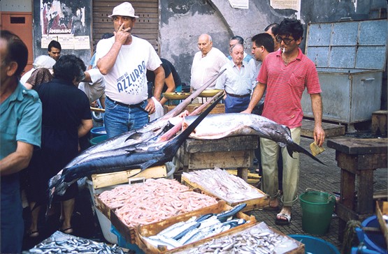 Marché aux poissons à Catane: sur l’étal, des espadons qui essaient de se faire passer pour de dangereux requins. Métaphore politique... Photo Jean-Pierre Bazard 