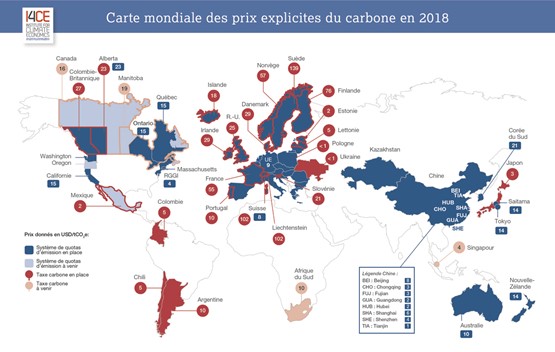 Cette diversité des pays selon les objectifs de réduction du gaz carbonique ne doit pas se terminer par un choeur de lamentations. Différentes combinaisons de mesures sont possibles. Sources: I4CE – Institute for Climate Economics, d’après ICAP, Banque mondiale, sources gouvernementales et informations publiques. Avril 2018