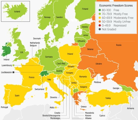 La Suisse et l’Irlande obtiennent les meilleurs résultats en Europe dans l’indice de liberté économique. Hong Kong est le leader mondial.Graphe: Indice de liberté économique 2019