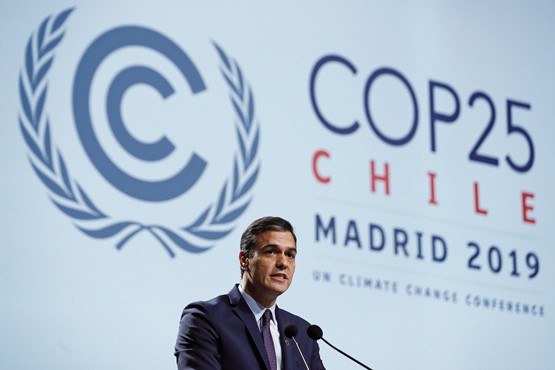 Le Premier ministre espagnol Pedro Sanchez ouvrant la Conférence sur le changement climatique à Madrid.	Photo: Keystone