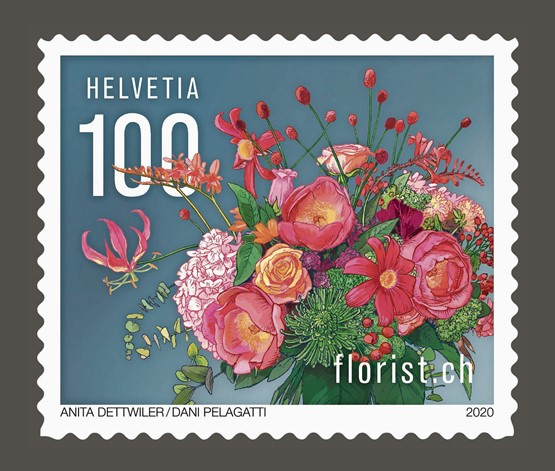 Zum 100-Jahre-Jubiläum: die Sonderbriefmarke von florist.ch. Bild. zVg
