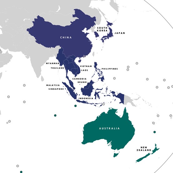 Bleu: ASEAN. Violet: ASEAN+3. Vert: ASEAN+6.Carte: Wikipedia