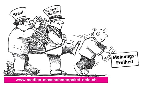 Soll der Staat tatsächlich Grosskonzernen Geld nachwerfen und damit die Meinungsfreiheit weiter einschränken? Nein, lautet die Antwort am 13. Februar.Illustration: zVg