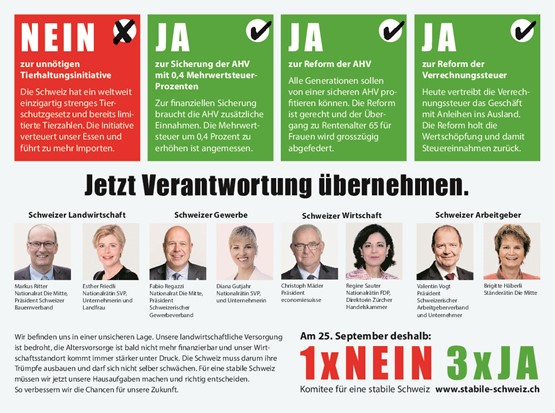 Einmal Nein, drei Mal Ja: Die Abstimmungsempfehlungen der Schweizer Wirtschaft. Illustration: zVg