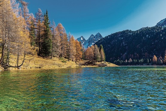 Herbstmärchen im Engadin: Atemberaubende Aussicht auf den Palpuognasee in der Nähe des Albulapasses. Bild: 123 RF
