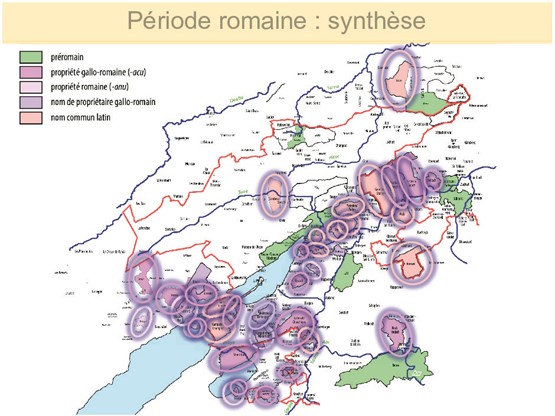Démonstration illustrée de l’abondance des toponymes gallo-romains face aux quelques noms de lieux d’origine préromaine comme Bienne. carte: Andres Kristol