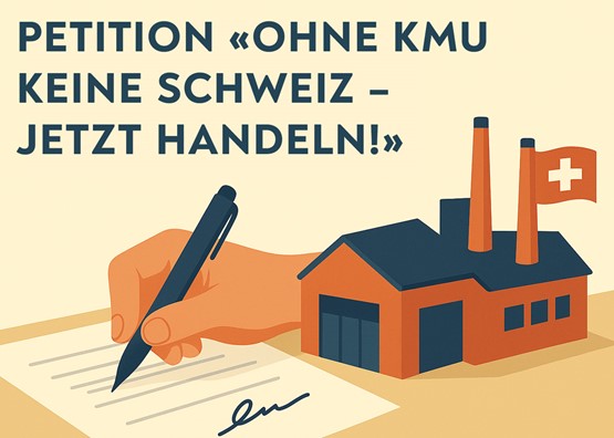 Mittels einer Petition fordert der sgv, dass Bürokratie und Abgaben gesenkt, der Staat verschlankt und der Aussenhandel diversifiziert werden soll. Unterschreiben auch Sie – am besten gerade jetzt! Illustration: zVg/sgv