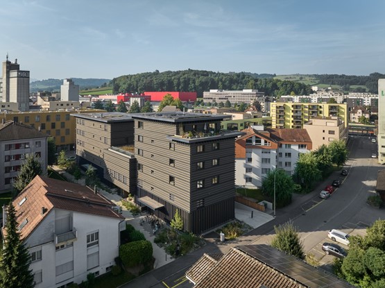 Firmensitz in Sursee: Das sechsgeschossige Gewerbe- und Wohngebäude «Haus des Holzes» wurde in nachhaltiger Holzsystembauweise realisiert. Es ist ein Entwicklungs- und Vorzeigeprojekt für digitales, klimagerechtes und kreislauffähiges Planen und Bauen.Bild: Marco Leu