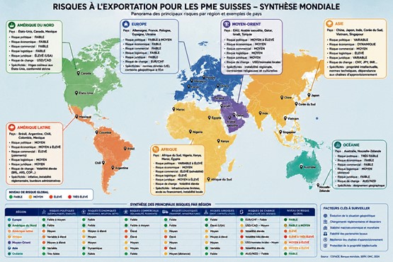 Pour de nombreuses PME suisses, gagner des vecteurs de croissance passe par l’examen des potentiels selon les régions, mais aussi par une analyse des risques. Illustration: JAM/com/réd/IA