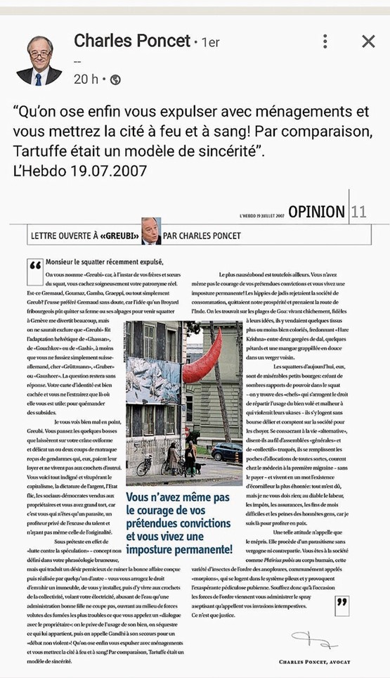 Publié dans L’Hebdo en 2007: lettre à un squatter genevois.dr