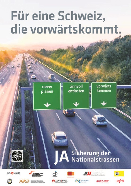 Eine breite Allianz von Stassenverkehrs- und Wirtschaftsverbänden, darunter an vorderster Front auch der Schweizerische Gewerbeverband sgv, unterstützt die Kampagne zur Sicherung einer effizienten Verkehrsinfrastruktur*. Illustration: zVg
