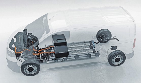 Schnittbild der Technik: Tanks im Boden, Brennstoffzelle im Motorraum, Pufferbatterie unter der Sitzbank.Bild: zVg