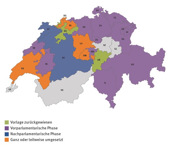 Föderaler Flickenteppich: Umsetzung der MuKEn in den Kantonen. Grafik: Swissoil
