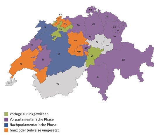 Föderaler Flickenteppich: Umsetzung der MuKEn in den Kantonen. Grafik: Swissoil