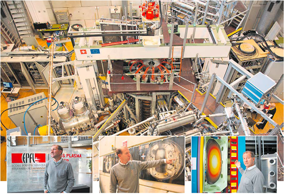 Professor Ambrogio Fasoli vor dem Fusionsreaktor Tokamak an der EPFL Lausanne. Er zeigt auf die Plasmakammer des Reaktors, in welcher Temperaturen höher als jene der Sonne realisiert werden.