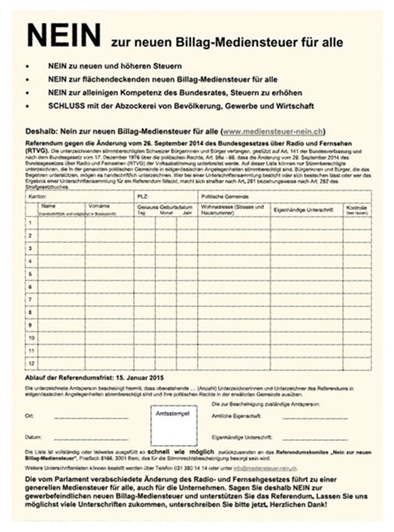 Referendum gegen die neue Billag-Mediensteuer: Jetzt unterschreiben unter www.mediensteuer-nein.ch!
