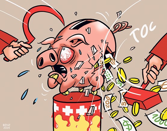 Mit der Abschaffung der Pauschal­besteuerung geht es ans Einge­machte: Die Sau des Mittelstandes und der KMU wird geschlachtet. Karikatur:  Rainer Benz