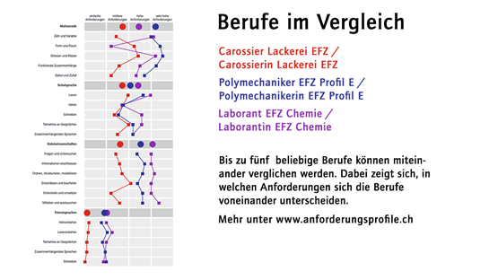 Bis zu fünf beliebige Berufe können miteinander verglichen werden. Dabei zeigt sich, in welchen Anforderungen sich die Berufe voneinander unterscheiden.